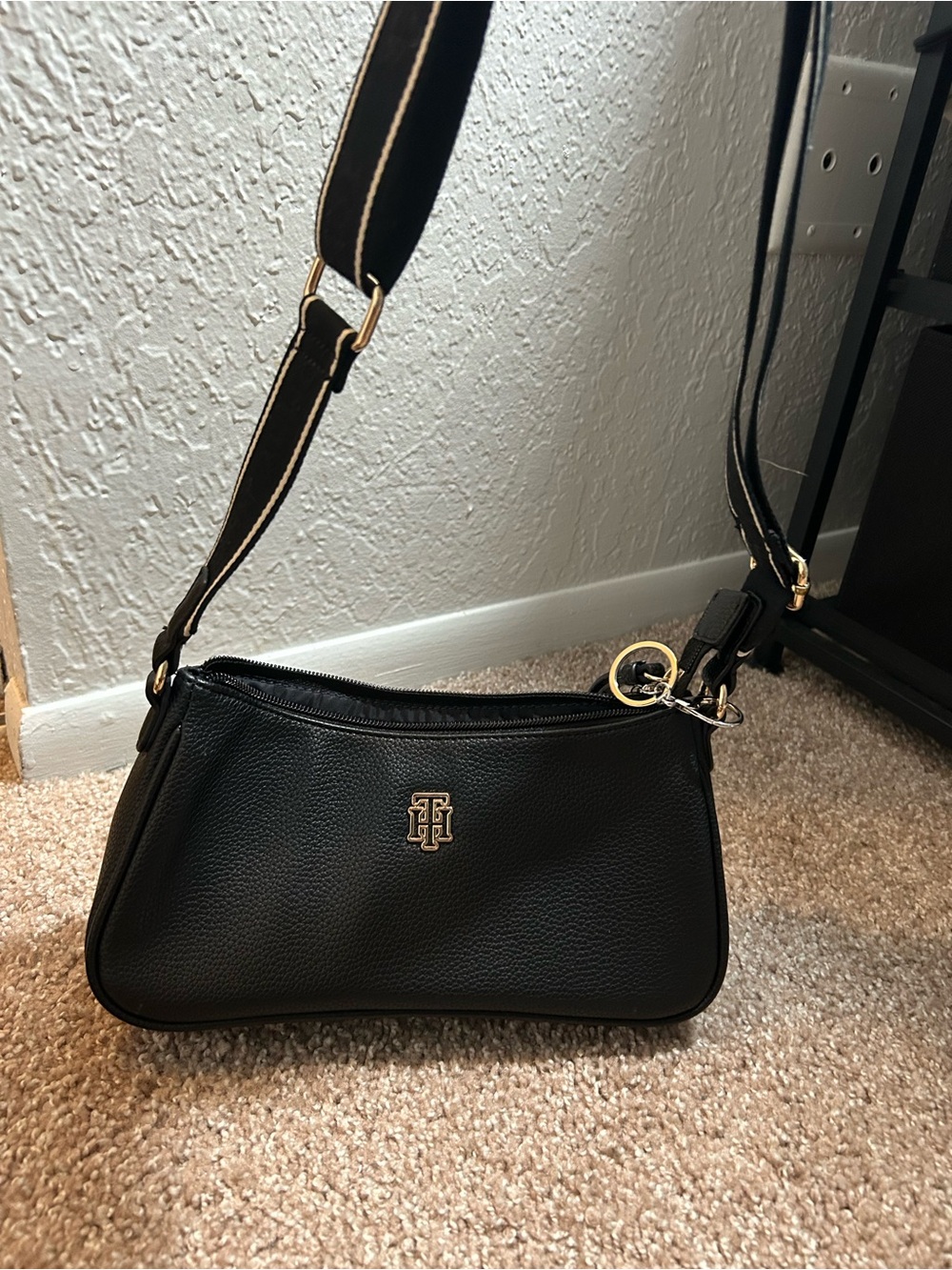 Tommy Hilfiger Black Pebbled Leather Shoulder Bag with Gold Accents